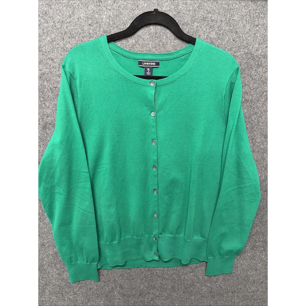 Lands' End Women's Green Sweater Set L /XL Cardigan Short Sleeve 2 Piece